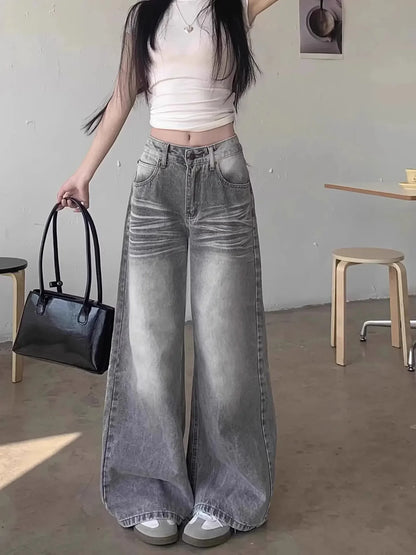 High Waist Wide Leg Grey Washed American Style Jeans
