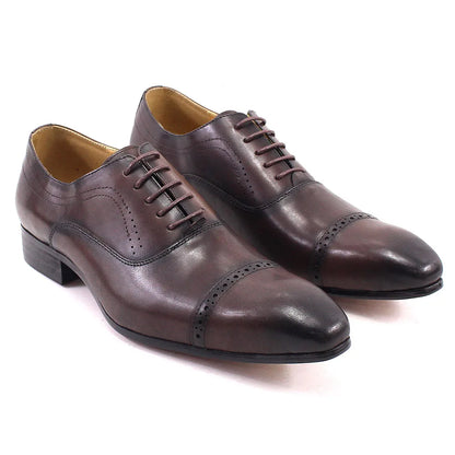 Genuine Leather Oxford Dress Shoes Men Lace Up Cap Toe Office Wedding Shoes Black Brown Brogue Pointed Oxfords Formal Shoes Men