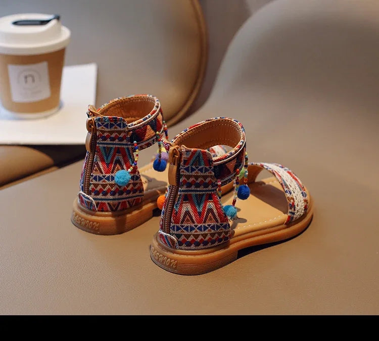 Ethnic Style Simple Children Roman Shoes 2024New Soft Breatheable Flats Open-toe Kids Shoes Non-slip Girls Sandals GLADIATOR