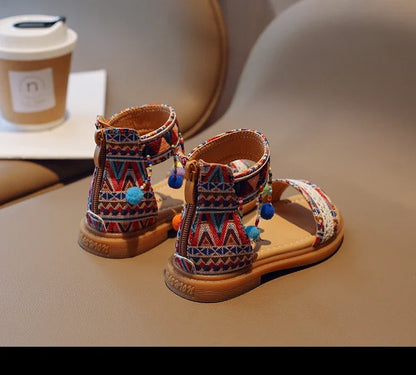 Ethnic Style Simple Children Roman Shoes 2024New Soft Breatheable Flats Open-toe Kids Shoes Non-slip Girls Sandals GLADIATOR