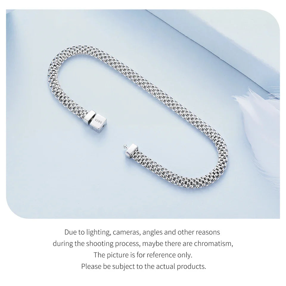 925 Sterling Silver Classic Square Buckle Bracelet Retro Braided Silver Chain Link for Women Platinum Plated Fine Jewelry