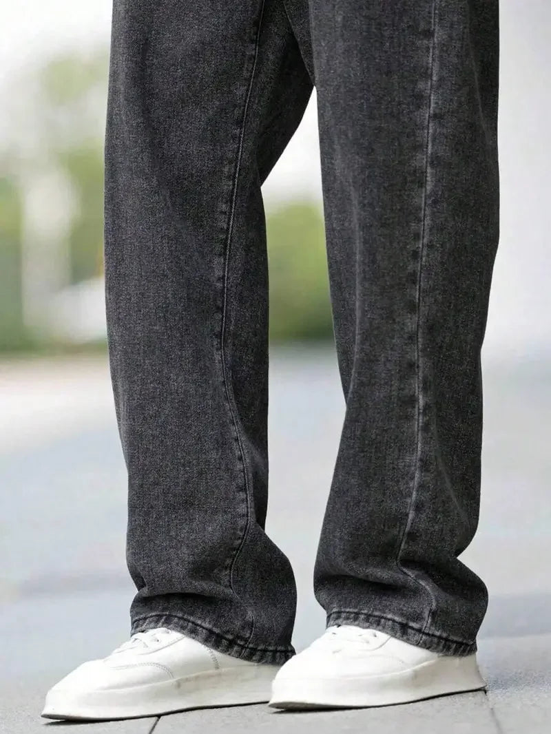 Men's Dark Grey Straight Leg Jeans - Minimalist Casual Denim Pants