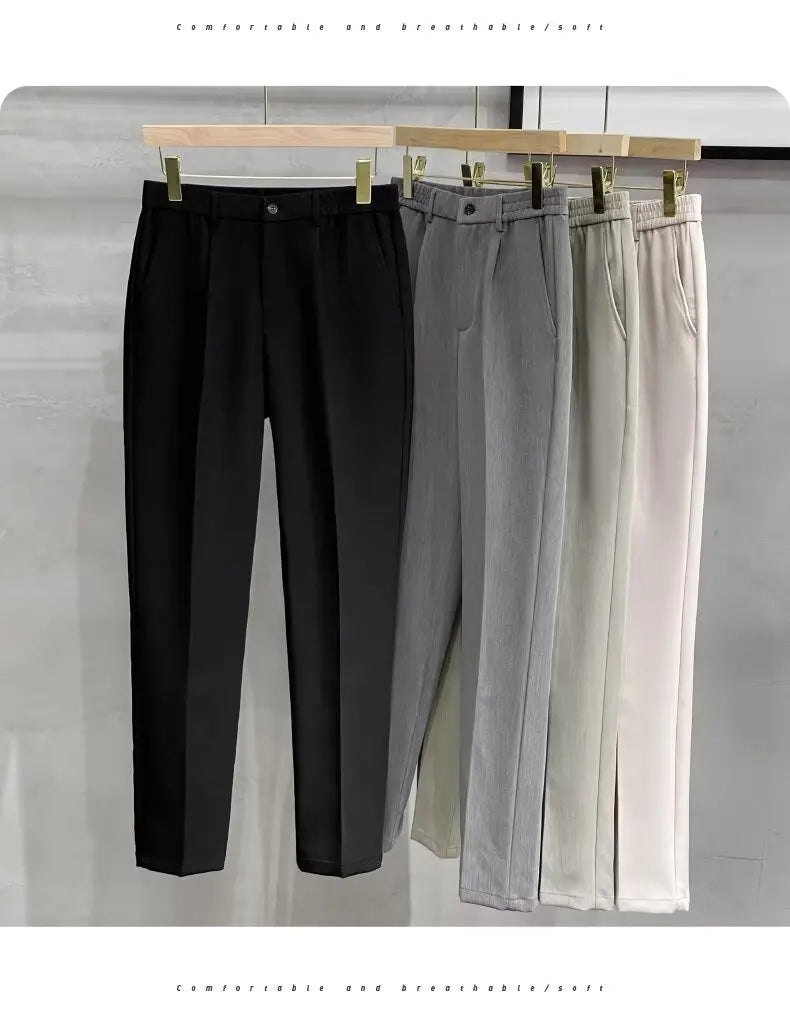 Men's Woolen Straight Leg Casual Pants Autumn Winter Thickened Fashionable Nine Point Pants mid Waist Pure Color Anti-Wrinkle