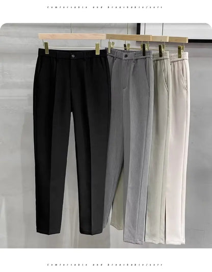 Men's Woolen Straight Leg Casual Pants Autumn Winter Thickened Fashionable Nine Point Pants mid Waist Pure Color Anti-Wrinkle