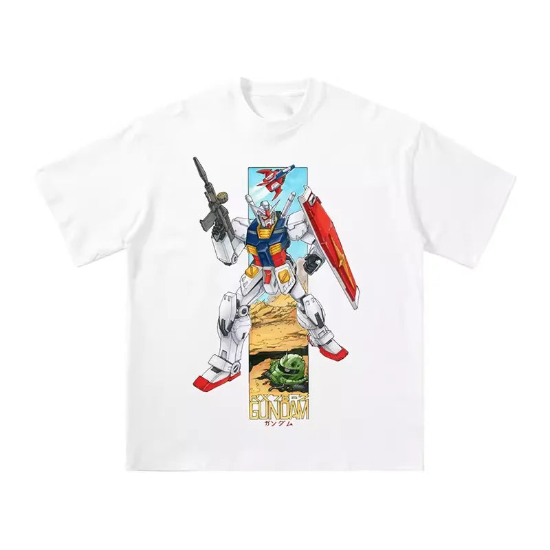 Japanese Anime All Cotton T-shirt Mobile Suit Gundam RX78 Design Picture Short Sleeved Hot Selling Loose Casual Couple Top