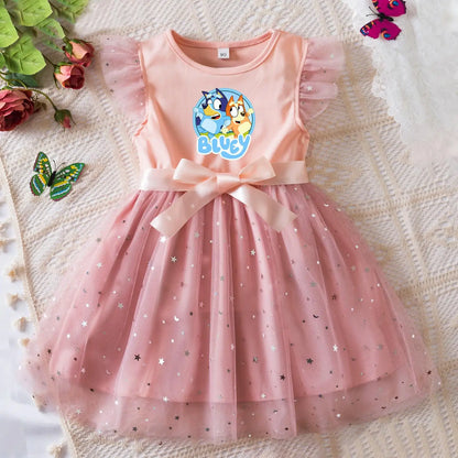 Girls Sequin Tutu Dress with Bow Flutter Sleeves Summer Princess Party Outfit for Toddler Kids 2-6 Years