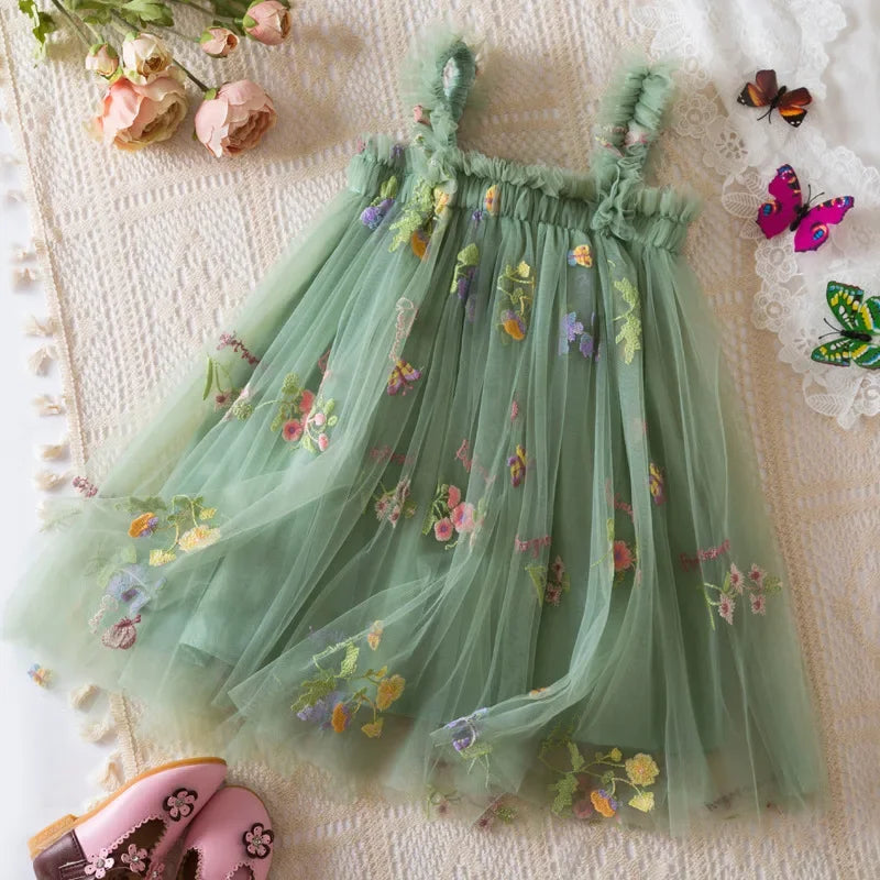 2026 All New Summer Tulle Toddler Girls Princess Dress 3D Butterfly Floral Embroidery Puff Skirt Girl's Party Gift Dress