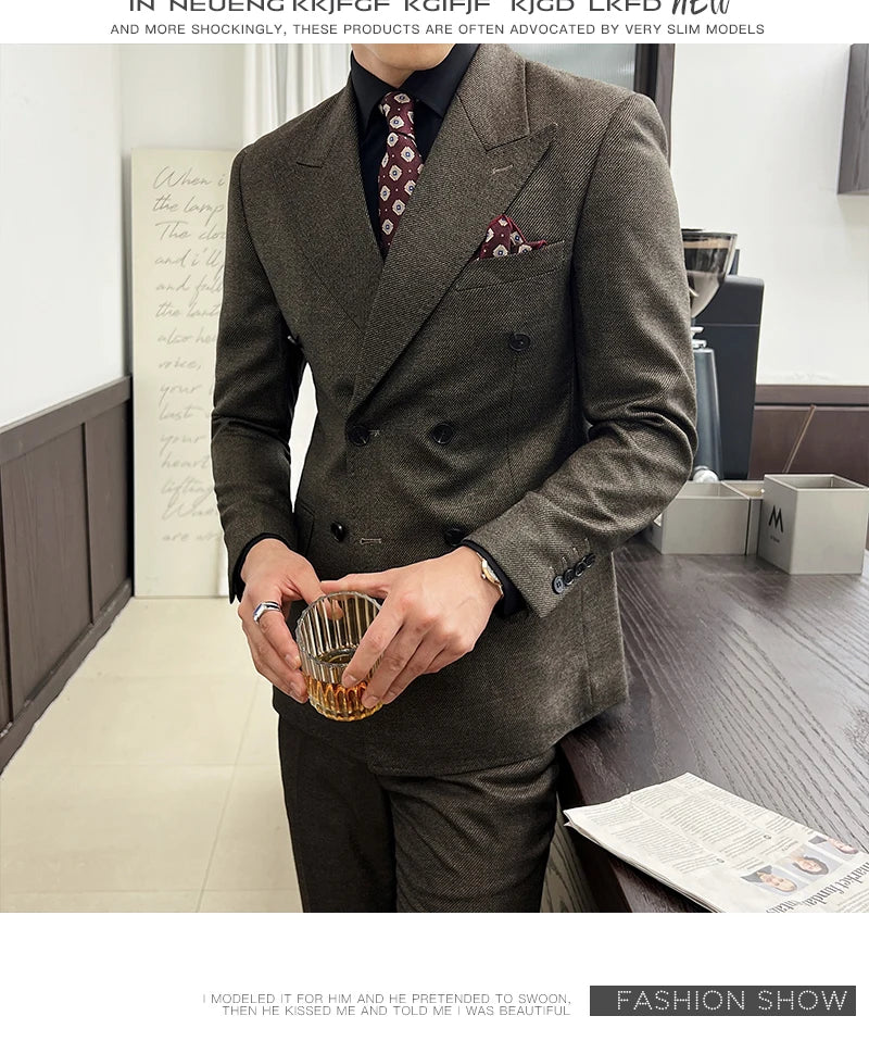 Men Vintage Luxury Double Breasted Slim Fit Lapel Evening Gown ltalian Style Fashion High-end Groom Wedding Party Tuxedo 2 Piece