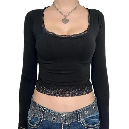 2000s Graphic T Shirt Vintage Fairy Grunge Women Autumn Lace Trim Long Sleeve Slim Fits Tops y2k Clothes Basic Harajuku Tees