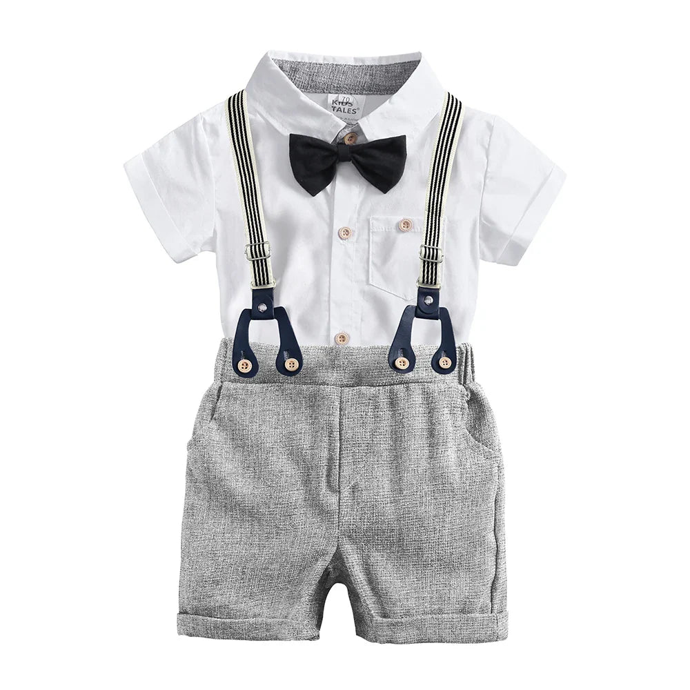 2026 Baby Boy Formal Birthday Outfit Suit Toddler Gentleman Clothes Infant Short Sleeve Bowtie Shirt+Suspender Pants Casual Sets