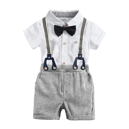 2026 Baby Boy Formal Birthday Outfit Suit Toddler Gentleman Clothes Infant Short Sleeve Bowtie Shirt+Suspender Pants Casual Sets