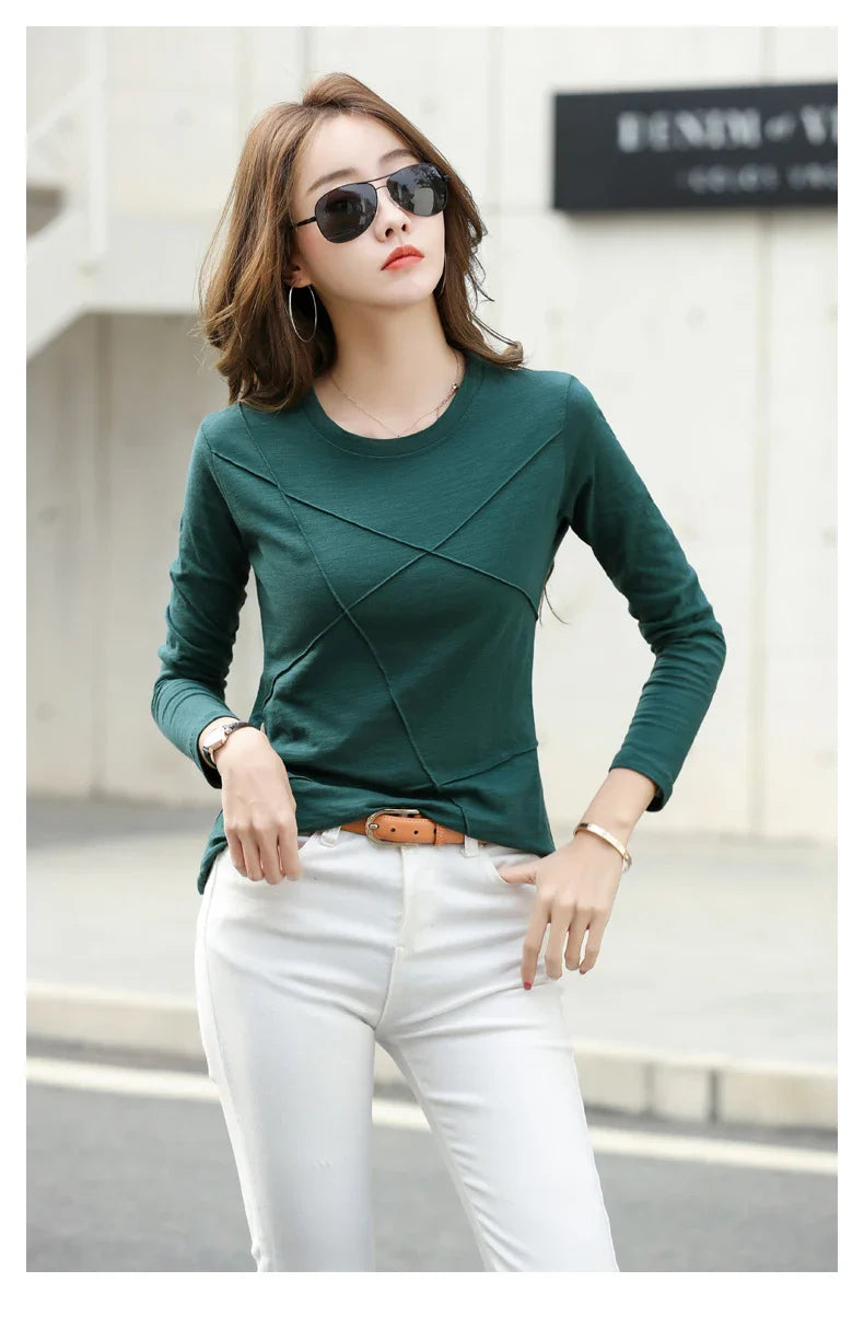 2026 Spring Long Sleeve Women O-Neck Bamboo Cotton T-Shirt Elegant Loose Ribbed Fashion Tee Shirt Ladies Simple Tops