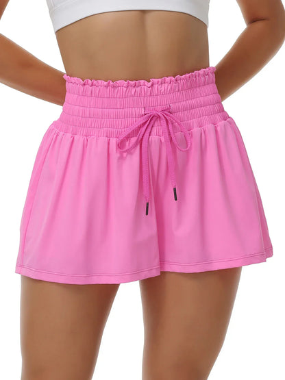 Women's 2-in-1 High Waist Running Shorts with Elastic Waist Drawstring, Comfortable Sports Pocket Shorts, Lightweight Golf Tenni