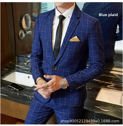 Men's Slim Fit Plaid Wedding Suit Jacket Korean Style Business Casual Single-breasted Suit with Set Wedding Groomsmen Wear