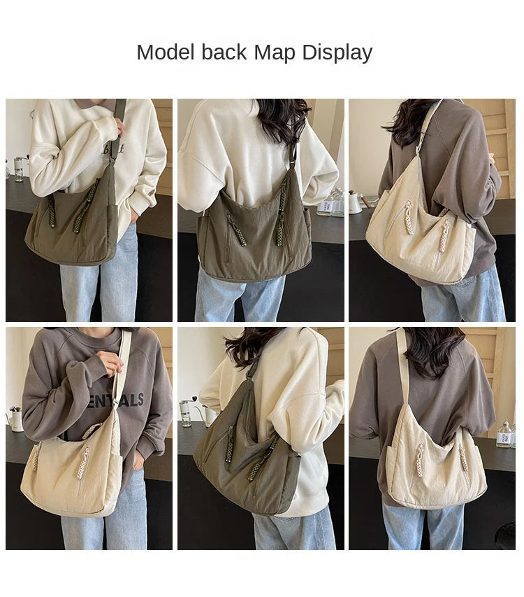 Summer Women Solid Color Shoulder Bag Fashion Lightweight Versatile Travel Crossbody Bag Commuter Nylon Large Capacity Hobo Bag