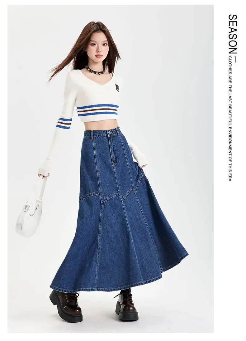 Women Blue A-line Denim Skirt Vintage Aesthetic Y2k Patchwork New Jean Skirt Harajuku Korean Cowboy Skirts 2000s Clothes Summer