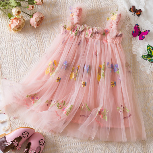 Outdoor Summer Cute Princess Dress Toddler Baby Girls Embroidery Flower Suspender Mesh Dresses Birthday Party Princess Dresses