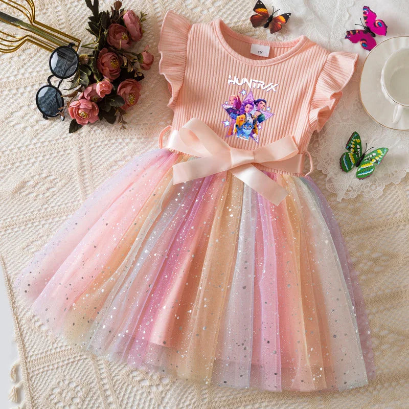 Girls Flying Sleeves Bow Sequin Dress Kids Baby Girl Birthday Party Fluffy Tutu Princess Dress 1-5Y