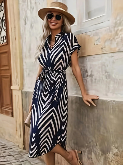 Fashion Clothing Women's Elegant And Casual V-neck Short Sleeved Stripe Belt Comfortable Dress