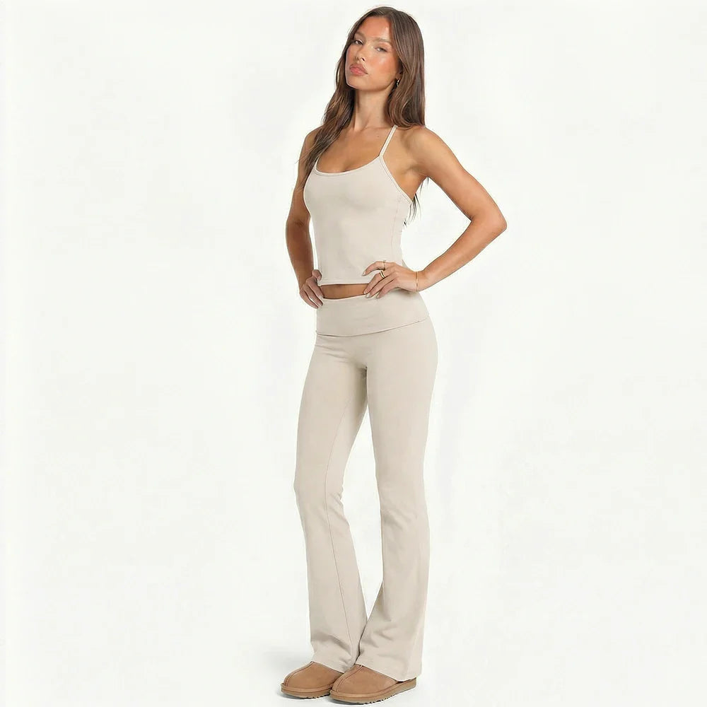 2 Piece Yoga Set Women Foldover Waist Flare Pants Bell Bottoms Tank Top Matching Set Gym Workout Fitness Wear Lounge Wear Suit