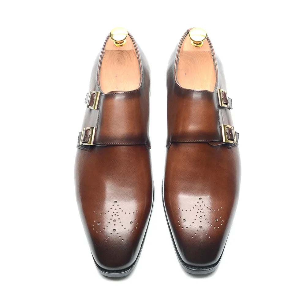 Italian Style Luxury Genuine Leather Monk Strap Men's Formal Shoes Double Buckles Brogue Pointy Toe Business Office Dress Shoes