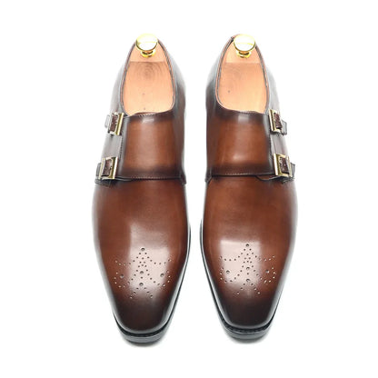 Italian Style Luxury Genuine Leather Monk Strap Men's Formal Shoes Double Buckles Brogue Pointy Toe Business Office Dress Shoes