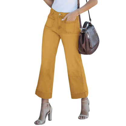 Fashionable Casual Straight Leg Jeans Washed Denim Nine-Piece