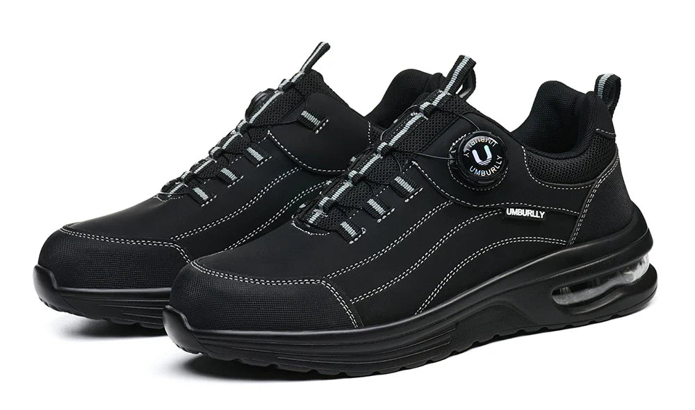 Men's Steel Toe Safety Work Boots Puncture Resistant Kevlar Midsole Air Cushioned Black Button Style Industrial Construction