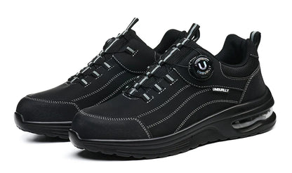 Men's Steel Toe Safety Work Boots Puncture Resistant Kevlar Midsole Air Cushioned Black Button Style Industrial Construction