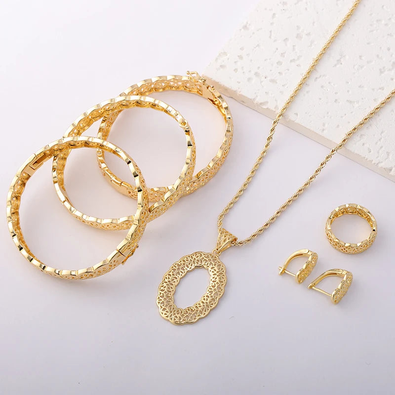 Morocco Trend 18k Gold Color Jewelry Set for Party Design Earrings and Pendant Necklace Bracelet Ring Set for Engagement
