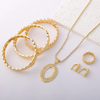Morocco Trend 18k Gold Color Jewelry Set for Party Design Earrings and Pendant Necklace Bracelet Ring Set for Engagement