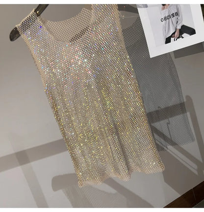 Women&Men Crystal  Rhinestones Shiny Sexy Y2K Tank Tops High Quality Party Club Sexy See Through Mesh Hollow Out Diamond shirt