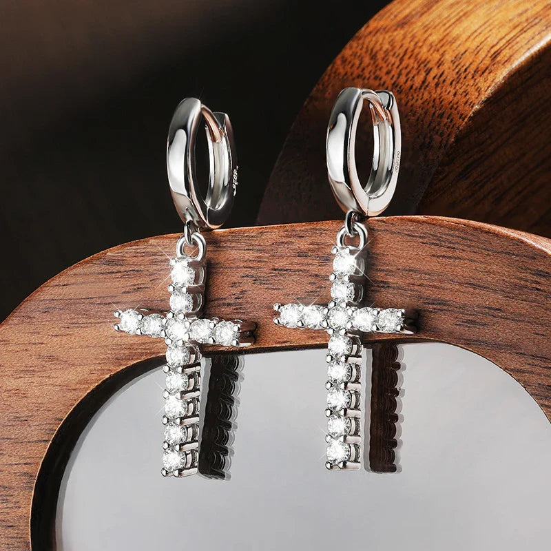 D VVS1 Cross Moissanite Earrings for Women Man GRA Certified Round Diamond Solid s925 Silver Plated 18k Hoop Earring