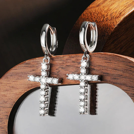 D VVS1 Cross Moissanite Earrings for Women Man GRA Certified Round Diamond Solid s925 Silver Plated 18k Hoop Earring