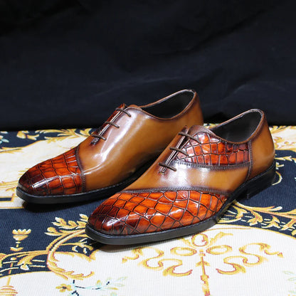Luxury Men's Patent Leather Dress Shoes Alligator Pattern Oxford Brogue Lace-Up Formal Shoes for Office Wedding Party
