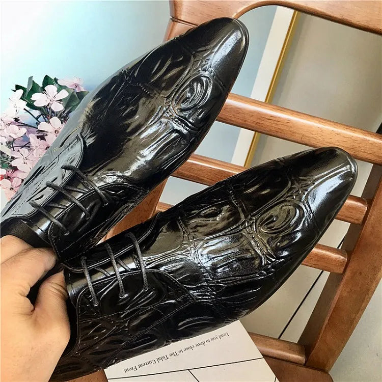 Business Men Crocodile Pattern Cowhide Genuine Leather Dress Shoes Lace Up Pointed Toe Derby Shoes Spring Wedding Formal Shoes