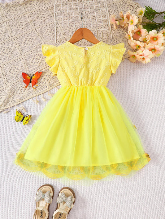 Girls' Summer Woven Flutter Sleeve Three-Dimensional Flower Three-Dimensional Butterfly Mesh Waist Bow Back Collar Open Button Casual Mesh Dress Wedding Party Light Dress Beach Holiday Party Princess Dress Gift