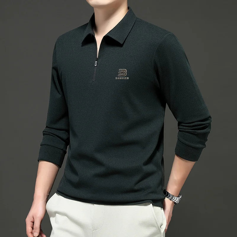 High Quality Polo Shirtspring and Autumn Long Sleeved Men's T-shirt Printed Pattern New Business Casual Solid Color Loos T-shirt