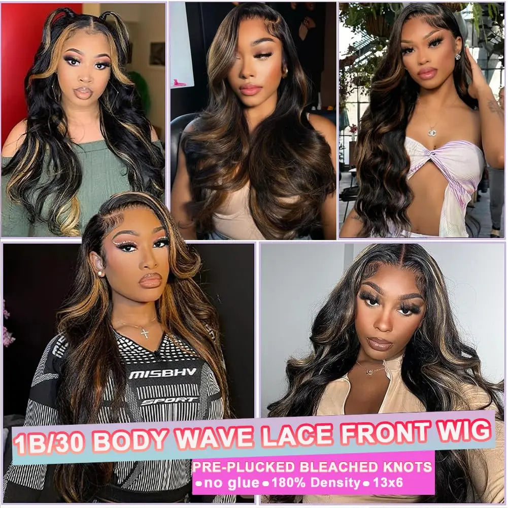 Highlight Ombre Lace Front Wig Human Hair Body Wave Pre Plucked 1B/30 Lace Front Human Hair Wig 200 Density 30 Inch For Women