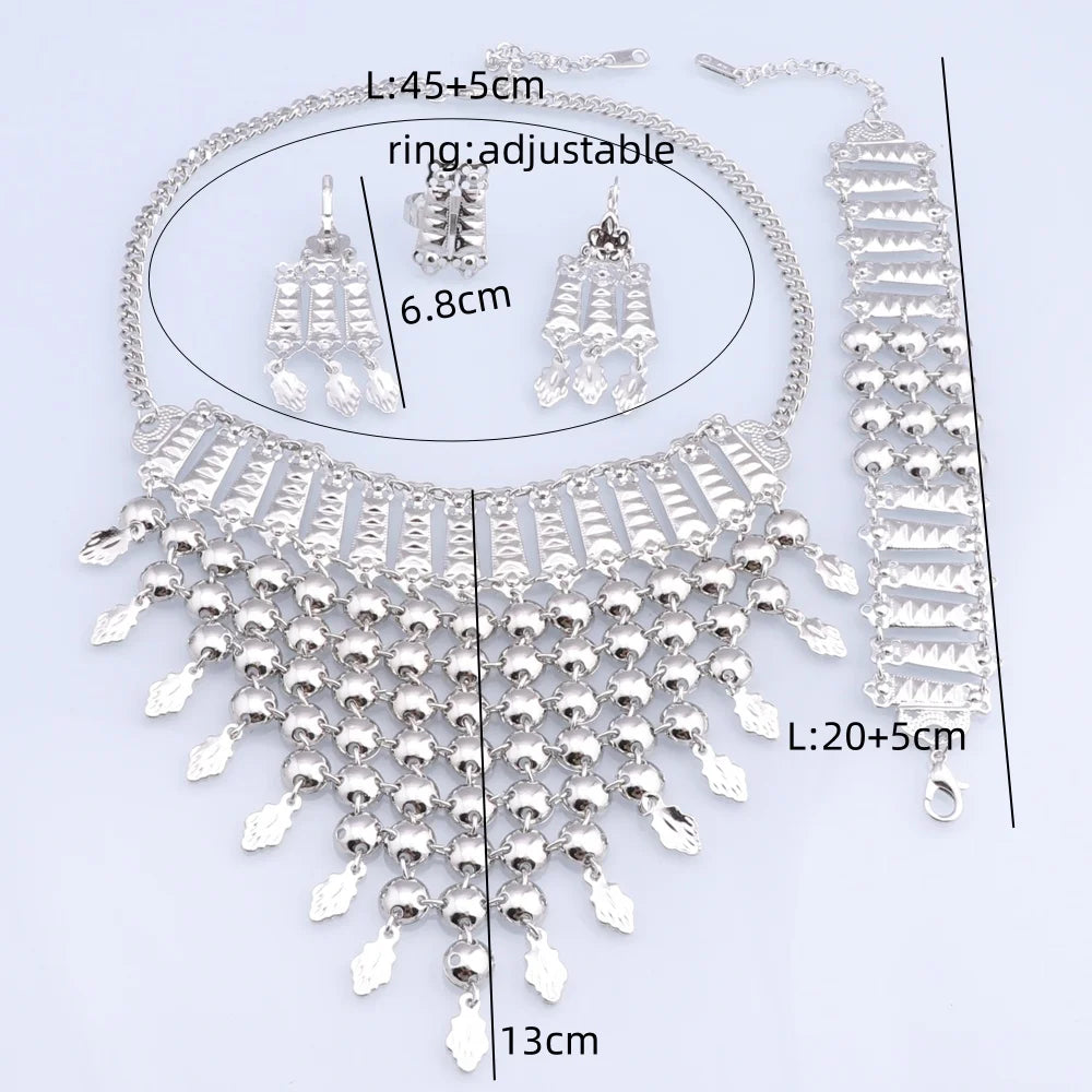Novo Conjunto de Joias Banhado a Prata com Franjas, Colar, Brincos, Pulseira e Anel para Mulheres, Correntes de Noiva, Joias de Casamento Étnicas, Presentes para Noivas