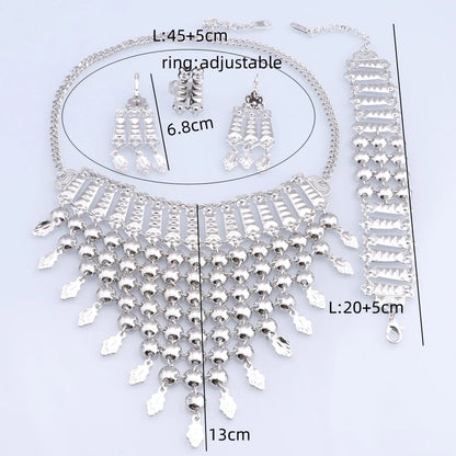 Novo Conjunto de Joias Banhado a Prata com Franjas, Colar, Brincos, Pulseira e Anel para Mulheres, Correntes de Noiva, Joias de Casamento Étnicas, Presentes para Noivas