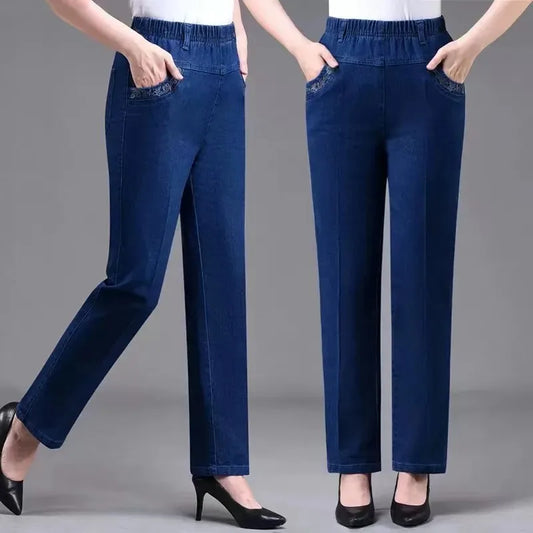 Women's Jeans Embroidered Pockets Elastic waist Mom Pants