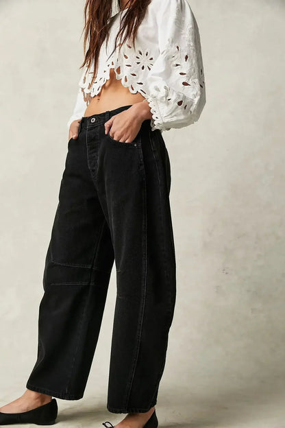 Women Loose Mid Waist Jeans Denim Full Length Pants Sexy Fashion Solid Color Trousers Denim Pockets Bleached