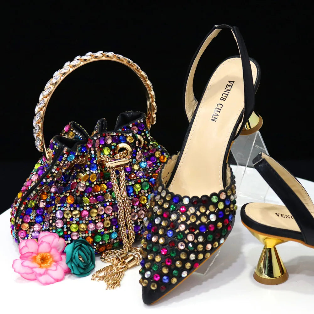 High-Heeled Pointed Toe Wedding Shoes Colorful Full Diamond Design Shoe and Bag Set for Nigeria Party