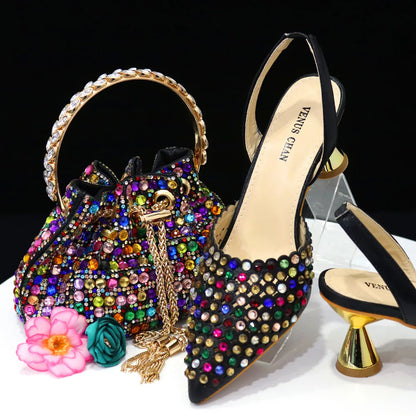 High-Heeled Pointed Toe Wedding Shoes Colorful Full Diamond Design Shoe and Bag Set for Nigeria Party