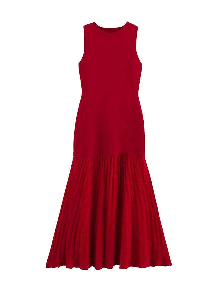 Spring Summer New Women's Dress Pleated Patchwork Simple Temperament Knitted Sleeveless Long Dresses for Women 2025