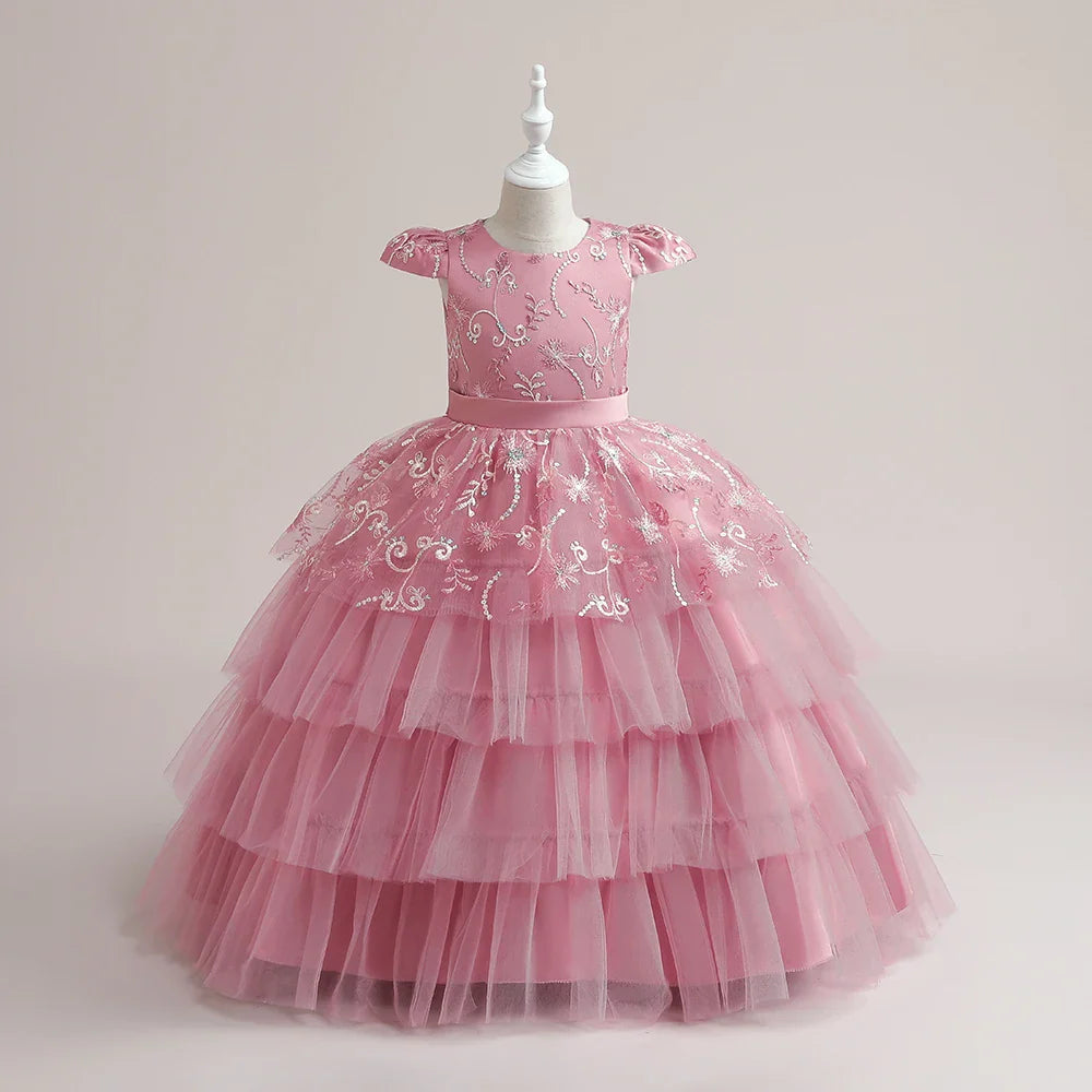 Vestidos de Festa para Meninas Daminhas de Flores de Verão Vestido Elegante de Tule para Casamento Princesa Formatura Vestido Infantil para Menina com Laço para Aniversário e Noite