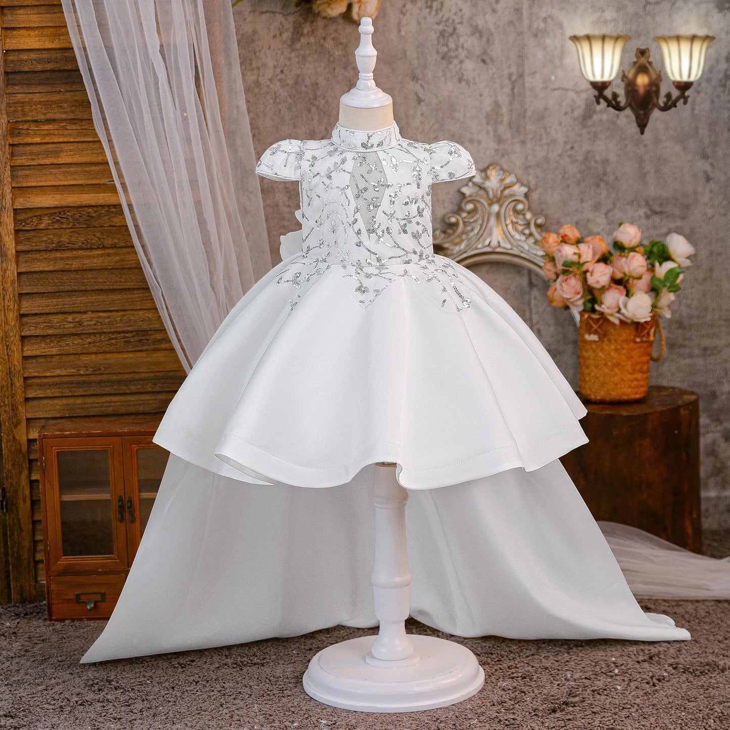 Elegant Big Flower Party Girls Dress Summer Tailed Wedding Bridesmaids Princess Dresses for Girl Birthday Pageant Prom Costumes