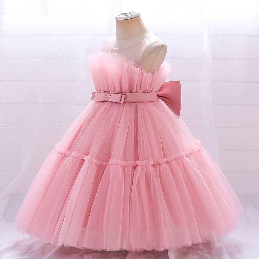 Summer Ruffles Bridesmaids Party Girls Dress Elegant Bow Wedding Birthday Princess Dresses Girl Tulle Pageant Evening Costumes