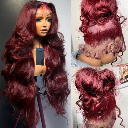 99J Burgundy Pre impregnated Lace Women's Front Hair -250% Density 13x4 Body Wave HD Transparent Lace Front Wig For Women